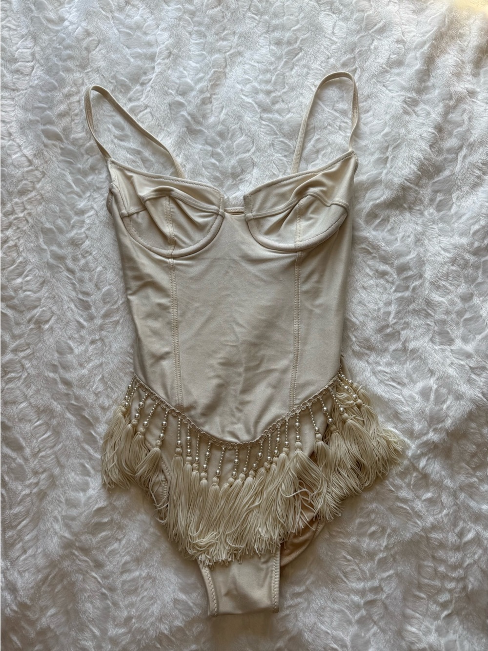 Vintage Vegas show girl costume Cream Fringed Beaded Bodysuit Festival